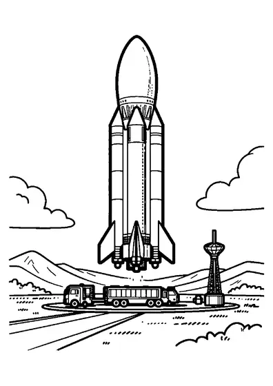 A rocket descending gently toward a landing pad over rolling hills and clouds.