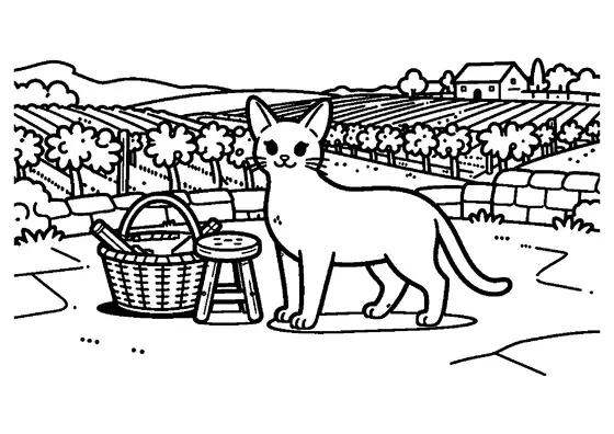 A slender Abyssinian cat standing near a basket and stool on a stone terrace.