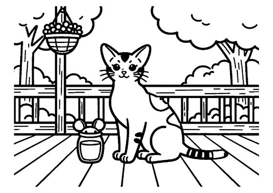 Eine schlanke Abessinierkatze sitzt auf einem Tisch auf der sonnigen Veranda.