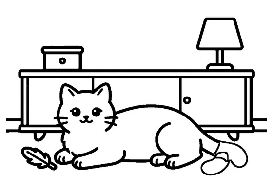 Un American Curl aux oreilles recourbées est couché sur une commode, près d’un coffret et d’un jouet à plume.