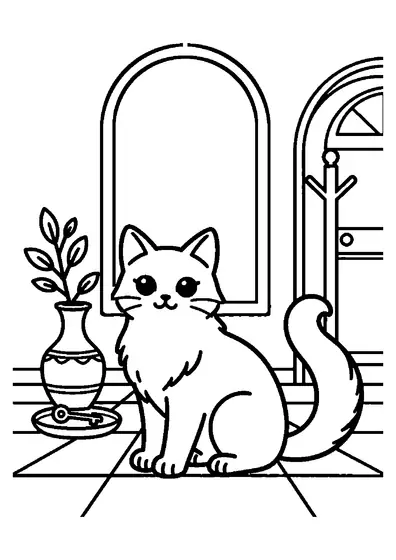 Un chat balinais élancé à la queue touffue est assis sur une commode en chêne dans une entrée.