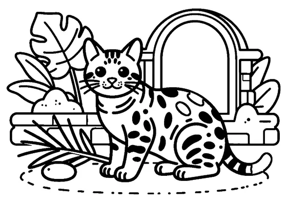 Coloring page of a spotted Bengal cat resting on a smooth rock among exotic plants in a botanical garden.