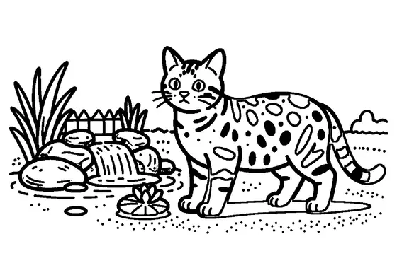 Eine gefleckte Bengalkatze steht neben einem kleinen Wasserfall aus Steinen in einem Garten.