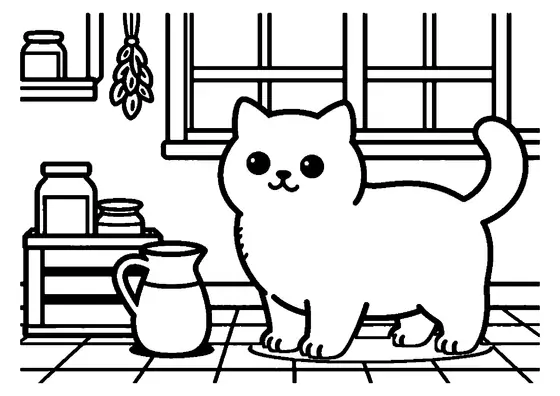 Eine kräftige Britisch-Kurzhaar-Katze mit rundem Kopf sitzt neben einem Tonkrug in einer rustikalen Speisekammer.