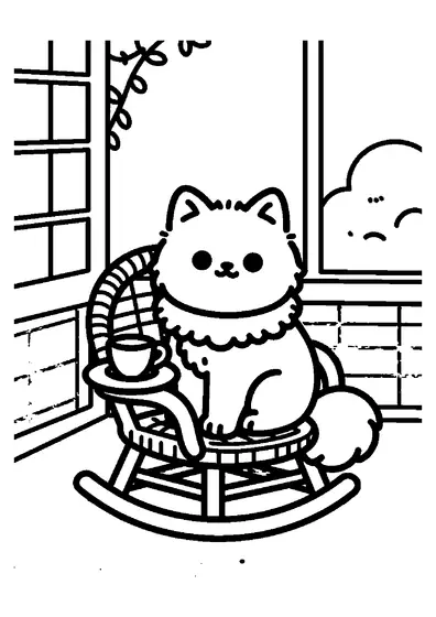 Un chat chantilly-tiffany tout duveteux assis sur une véranda, près d'un rocking-chair et d'une tasse de thé.