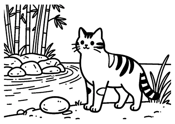 Un grand chat chausie debout au bord d'un ruisseau, à côté de pierres lisses et de pousses de bambou.