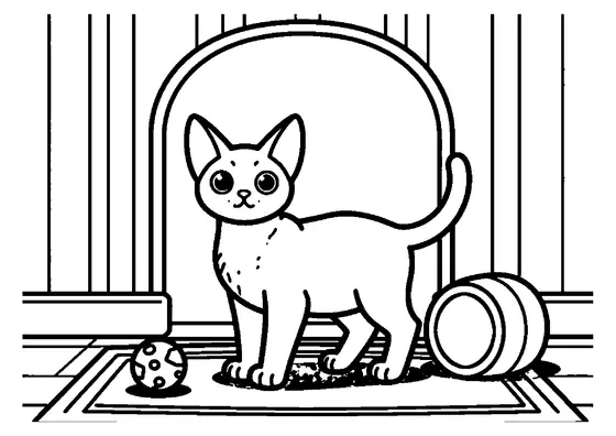 Un chat Cornish Rex élancé au pelage ondulé, debout sur un tapis coloré.