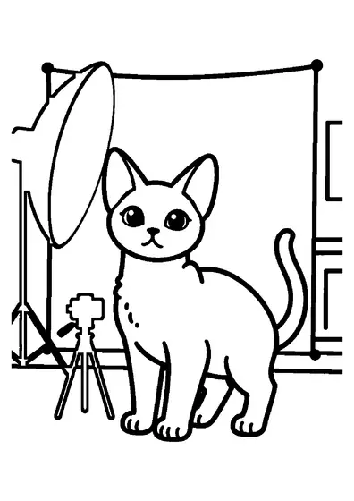 Coloring page of a curly-coated Cornish Rex cat posing proudly in front of a camera in a photography studio.