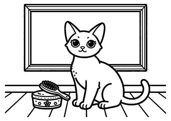 Un chat Devon Rex aux grandes oreilles et au pelage ondulé, assis sur une commode.