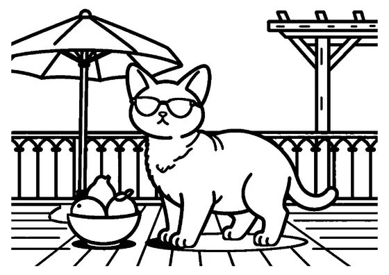 Coloring picture of a curly-coated Devon Rex cat sitting on a garden table on a sunny patio.