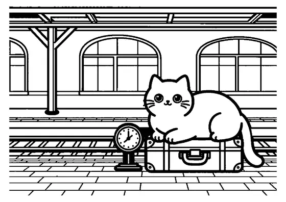 Coloriage d'un chat exotic shorthair sur un quai de gare ancien avec une valise.