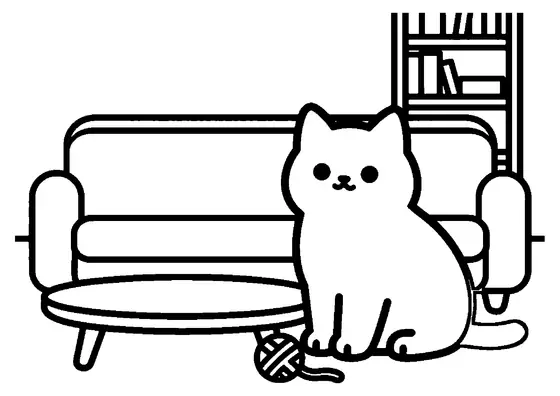 Un chartreux massif est assis sur une table basse, près d’un dessous de tasse et d’une pelote de laine.