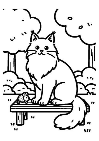 Large Maine Coon cat with a fluffy tail sitting on a wooden bench in a garden.