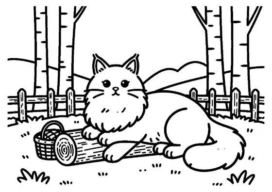 Kolorowanka do druku przedstawiająca dużego kota Maine Coon na leśnej polanie.