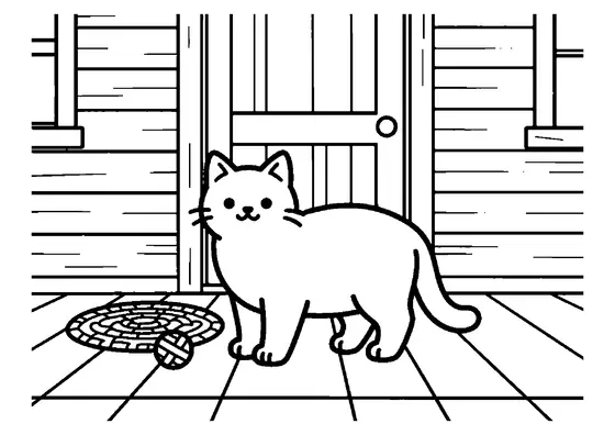 Un chat manx sans queue se tient sur une terrasse en bois, près d’un tapis pour animaux et d’une petite balle.