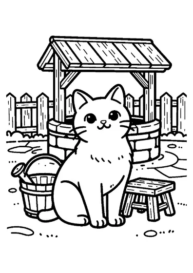 Dessin d'un chat manx sans queue près d'un vieux puits en pierre avec un seau.