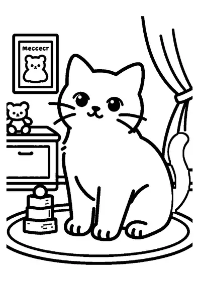 Coloriage avec un chat munchkin aux pattes courtes assis près de cubes sur un tapis dans une chambre de bébé.