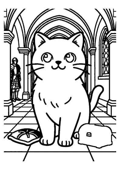 Dessin représentant un adorable chat munchkin dans le couloir en pierre d'un vieux château.