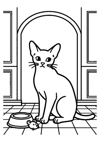 Un chat oriental élancé aux très grandes oreilles, assis sur un sol carrelé.