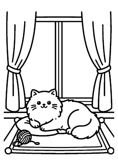 Fluffy Persian cat lying on a rug next to a ball of yarn in a cozy living room.