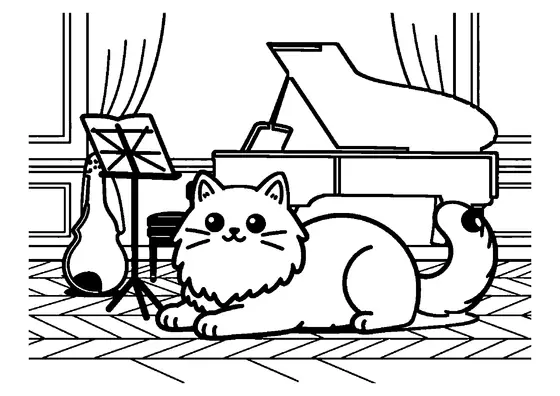 Un grand chat ragamuffin poilu allongé sur le sol à côté d'un pupitre à partitions et d'un piano à queue.