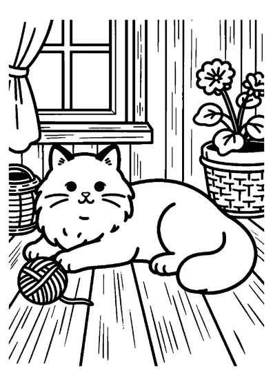 Coloring page of a fluffy Ragdoll cat lying on a wooden chest beside a window in a cozy country cottage.
