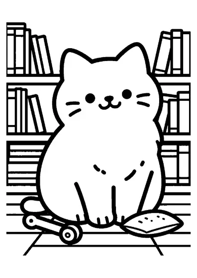 Un imposant chat chartreux au pelage fourni, assis sur un tapis dans une bibliothèque.