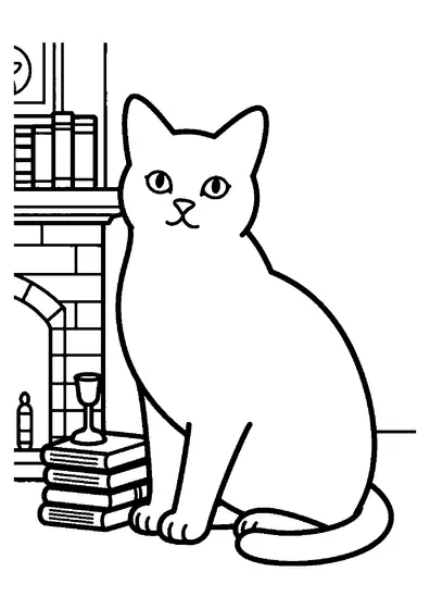 Coloring page of an elegant Russian Blue cat sitting beside a fireplace in an old-fashioned library.