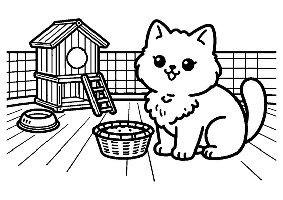 Dessin à colorier représentant un chat Selkirk Rex frisé dans une ferme, à côté d'un poulailler.