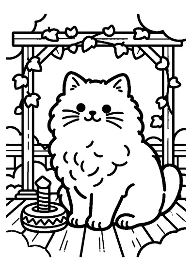 Un chat Selkirk Rex au pelage bouclé se reposant dans un kiosque de jardin.