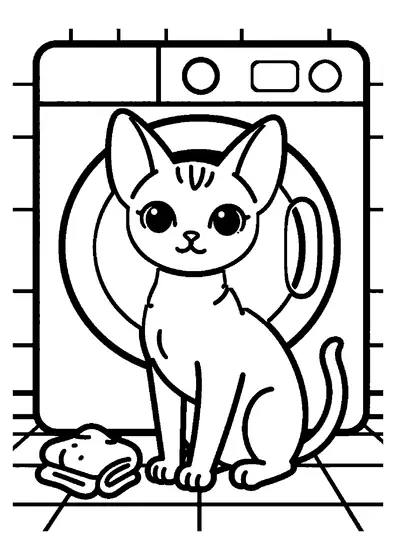Eine haarlose Sphynx-Katze mit großen Ohren sitzt in einer sonnigen Waschküche auf einem Wäschekorb.