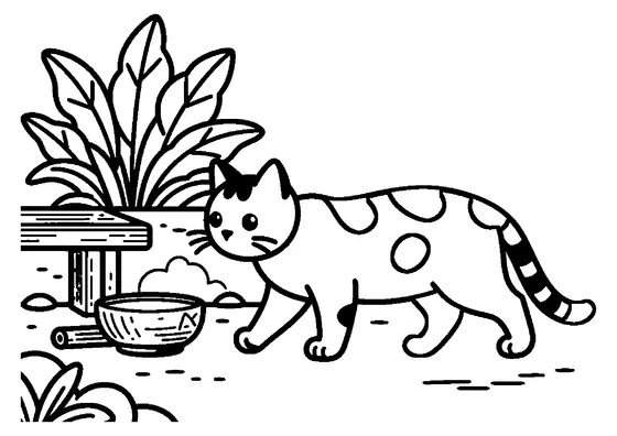Un chat sokoke tigré se promenant sur une allée de gravier, à côté de grandes feuilles de bananier et d'un muret.
