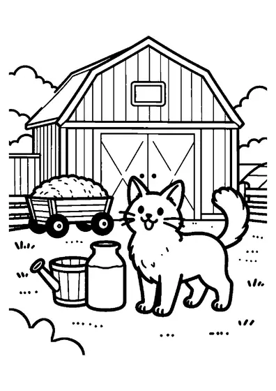 Dessin représentant un chat somali bien fourni sur une charrette de ferme remplie de foin.