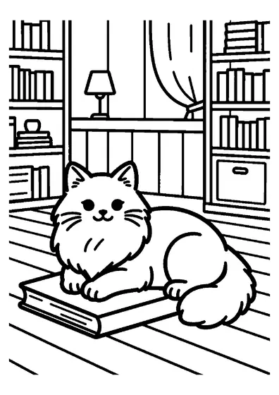 A fluffy Siberian cat lying on a cushion next to a closed book in a bookstore.
