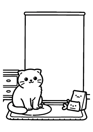 Un Scottish Fold aux oreilles repliées est assis sur le tapis d’une chambre, à côté d’un coussin.
