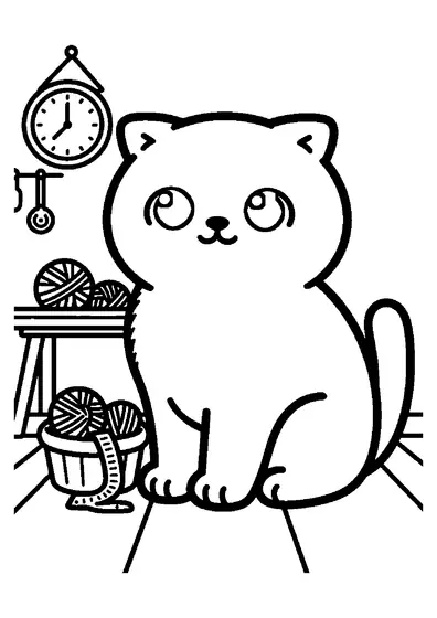 Eine Scottish-Fold-Katze mit gefalteten Ohren sitzt in einer gemütlichen Nähecke.