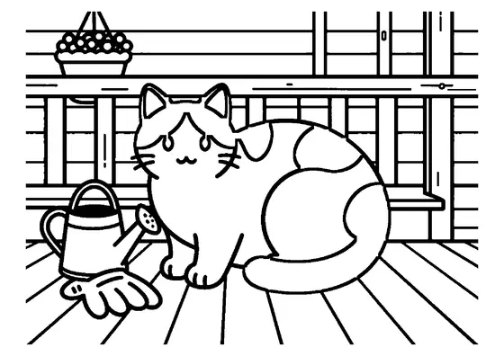 Printable coloring picture of a patchwork tortoiseshell cat curled up on a wooden bench on a country house porch.