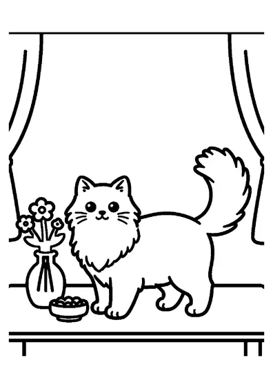 Un chat angora turc à poil long et à la queue touffue, installé sur une petite table dans la salle à manger.