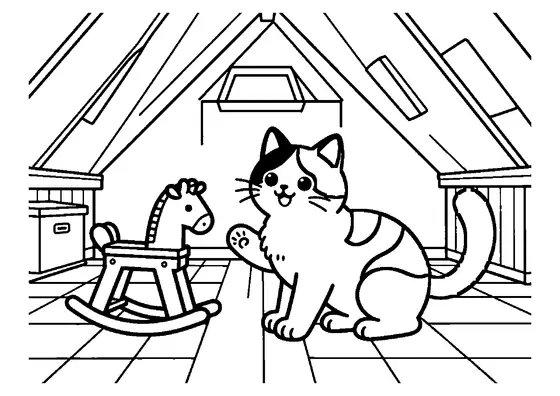 A calico cat playing near a rocking horse and toy chest in an attic room.
