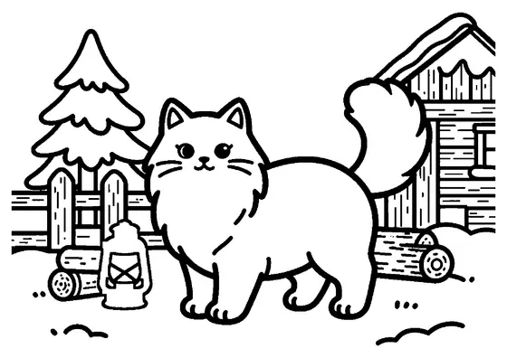Printable coloring picture of a Norwegian Forest cat standing on a tree stump in front of a wooden cabin in winter.