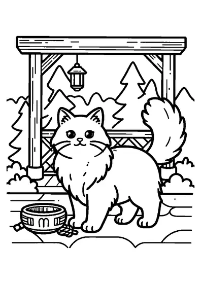 Eine flauschige Norwegische Waldkatze steht in einer Gartenlaube mit einem Rankgitter aus Holz.