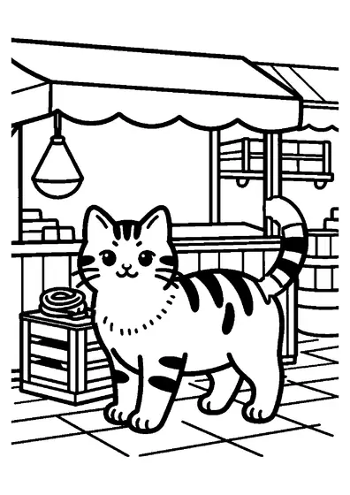 Coloring page of an alert tabby cat watching a fish stall at a busy outdoor market.