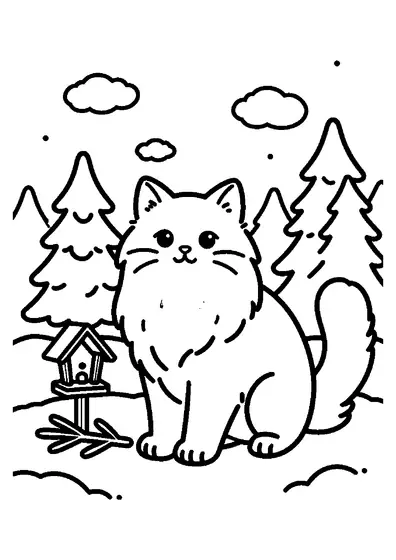 Un chat sibérien au pelage épais, debout dans la neige d’un jardin en hiver.