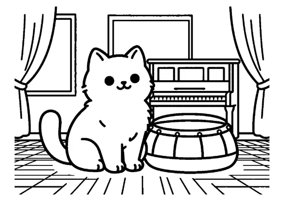 A Scottish Straight cat sitting near a drum and a large cushion in a music room.
