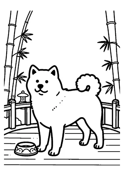 Un akita se tient sur un pont en bois dans un jardin, au-dessus d'un étang calme.