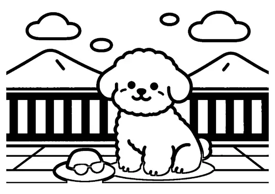Um bichon frisé fofinho sentado num terraço com vista para as montanhas.