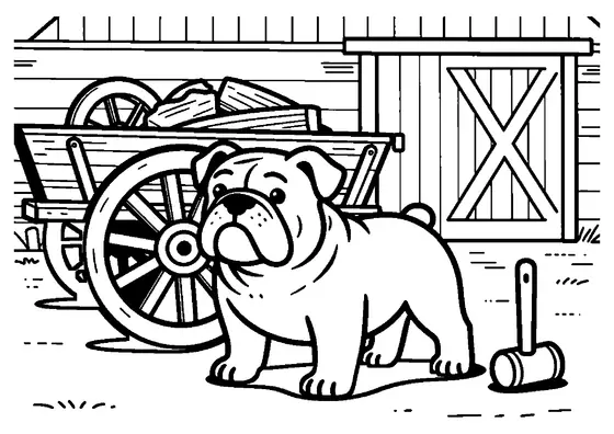 Un bouledogue anglais debout près d'une grande roue de charrette en bois et d'un marteau.
