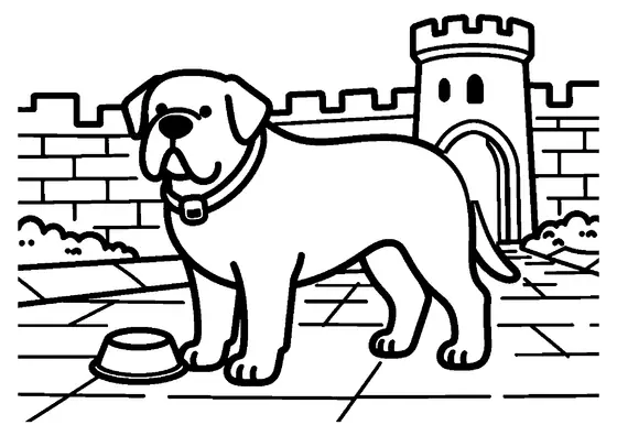 Dessin à colorier représentant un bullmastiff debout près d'un vieux mur de château et d'une gamelle.