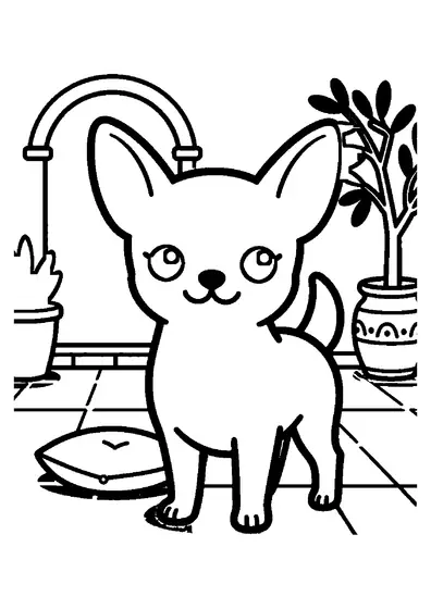 Coloriage d'un petit chien chihuahua sur une terrasse ensoleillée carrelée.