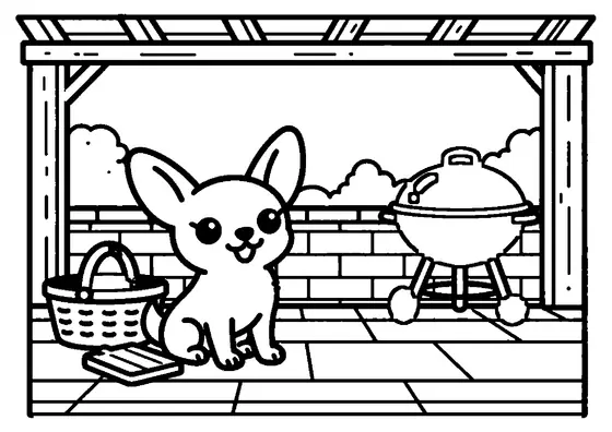 Un chihuahua assis sur une terrasse en pierre, près d'un panier de pique-nique et d'un barbecue.